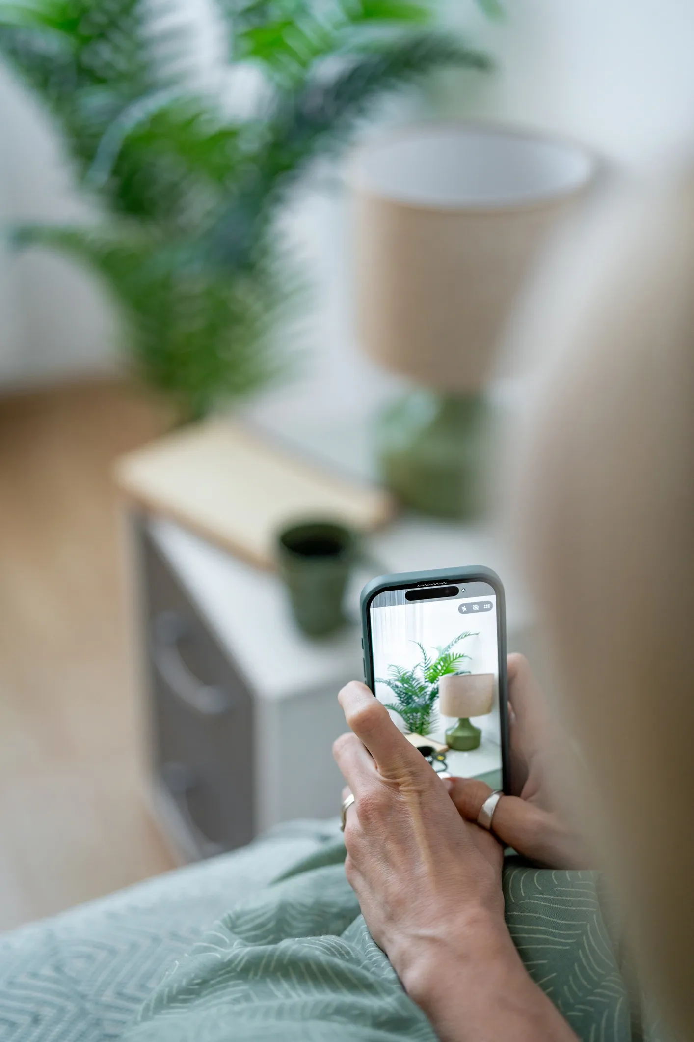 A phone held up towards plants by a window