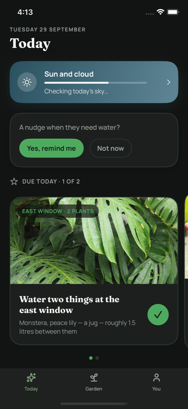 Leafed's Today screen — the day's light, and the plants that need watering, one card at a time